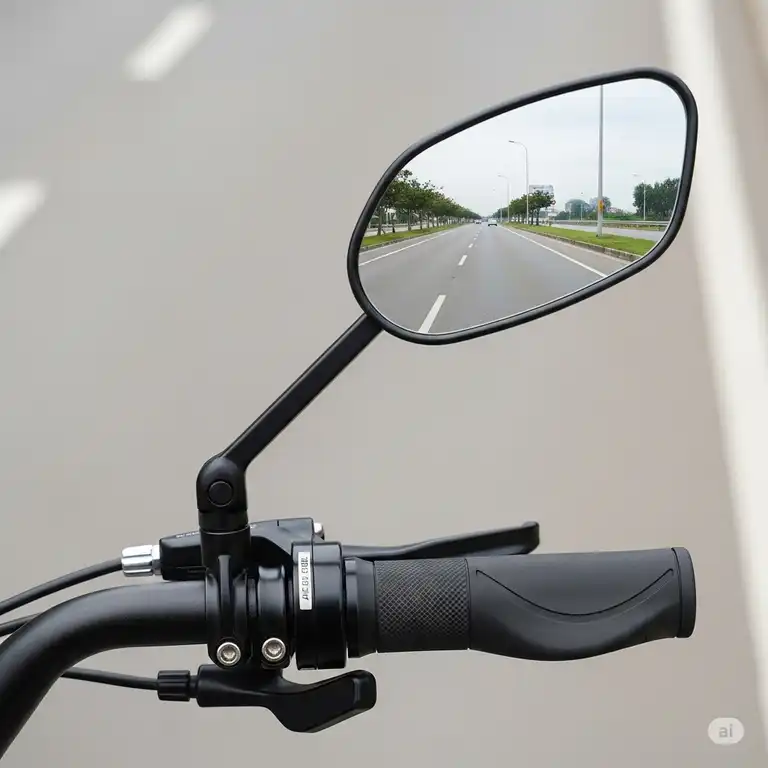 Close-up of an adjustable ebike mirrors mounted on handlebars, reflecting a clear view of the road behind, essential for rider safety and awareness.