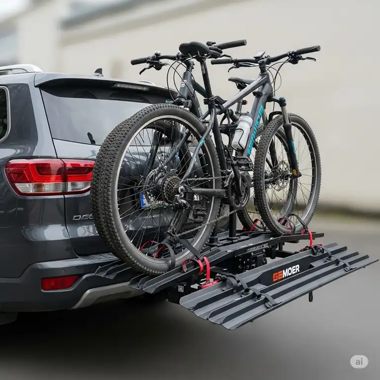 A heavy-duty ebike rack with ramp integrated, securely holding two electric bicycles on the back of an SUV, ready for transport.