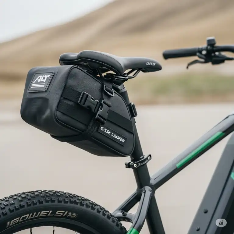Close-up of a waterproof ebike saddle bag securely attached to the seat post of an electric bicycle, ideal for commuting and touring.