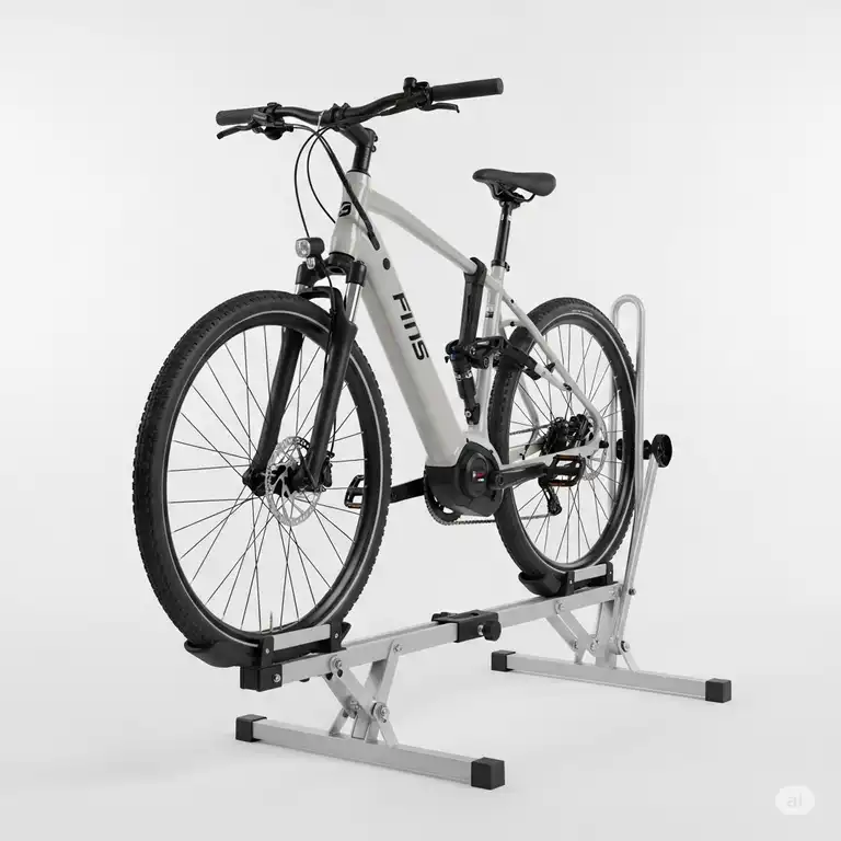 "An ebike securely parked and displayed on a robust, adjustable ebike stand, perfect for storage or maintenance."