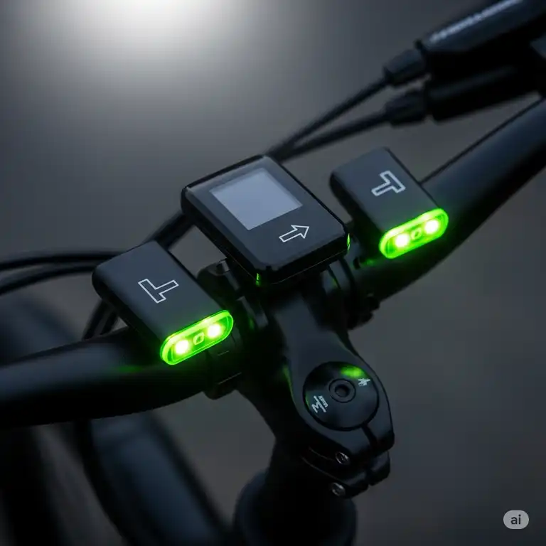 A close-up shot of integrated ebike turn signals illuminated on the handlebars, emphasizing their importance for safe cycling in urban environments.
