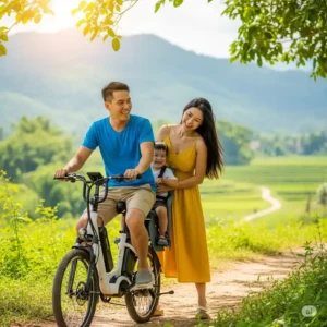 A happy family enjoys an outdoor adventure, riding an ebike with kid seat, perfect for exploring scenic trails