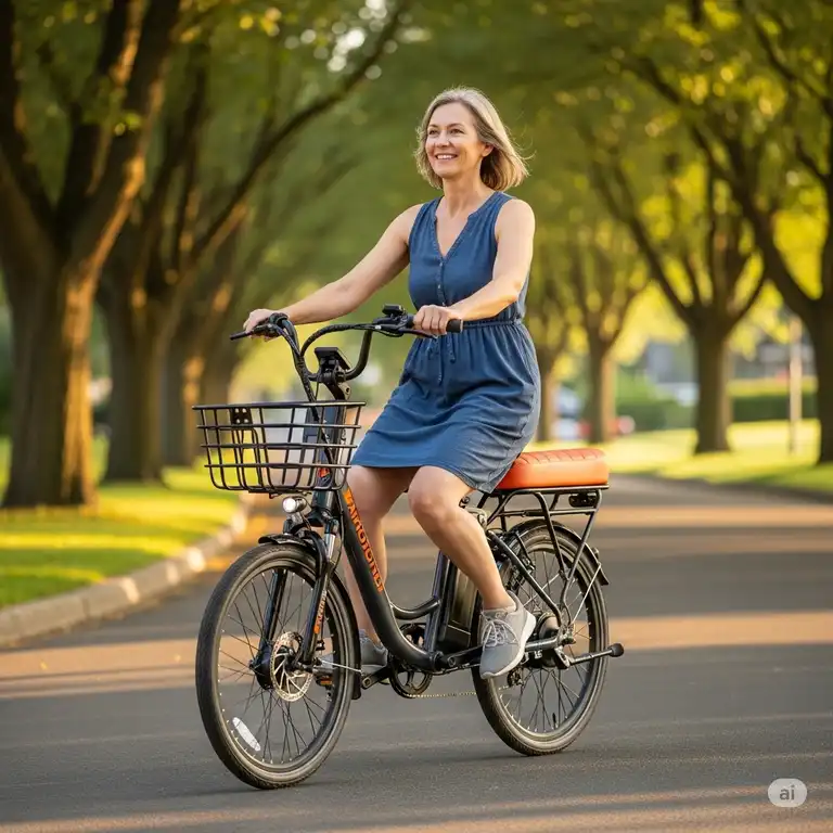 A person happily commuting on a comfortable electric bike with seat, showcasing its practical use for daily travel.