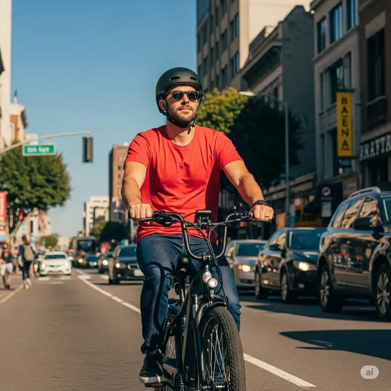 Man riding an electric bike with a visible throttle on a city street, enjoying the effortless ride.