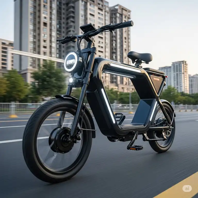 A sleek, modern electric bike without pedals, showcasing its powerful motor and comfortable seating for urban commuting.