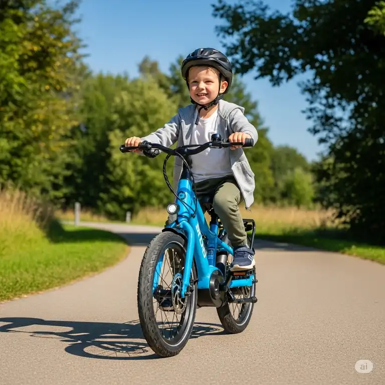 Young boy happily riding a blue kids e bike on a paved path, showcasing the fun and ease of electric bikes for children.