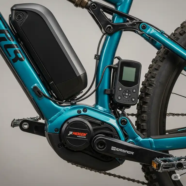 Close-up of a high-performance mid-drive ebike conversion kit installed on a mountain bike, showcasing the motor, battery, and controller for an electric bicycle upgrade.