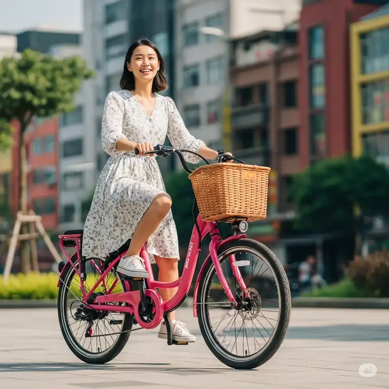 Woman riding a stylish pink electric bike with a basket, perfect for urban commutes or leisurely rides.