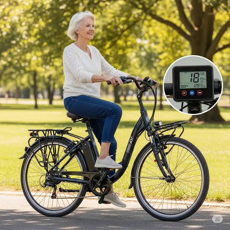 A happy senior woman with a helmet riding a comfortable electric bike on a paved trail, enjoying the outdoors. This image highlights the best electric bike for seniors, emphasizing ease of use and accessibility.