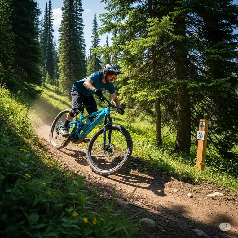 A rider confidently navigating a scenic singletrack trail on a Transition eBike, showcasing its agility and power for adventurous mountain biking.