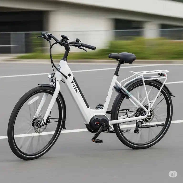 Sleek white electric bike with a powerful motor and comfortable saddle, perfect for urban commutes or leisurely rides.
