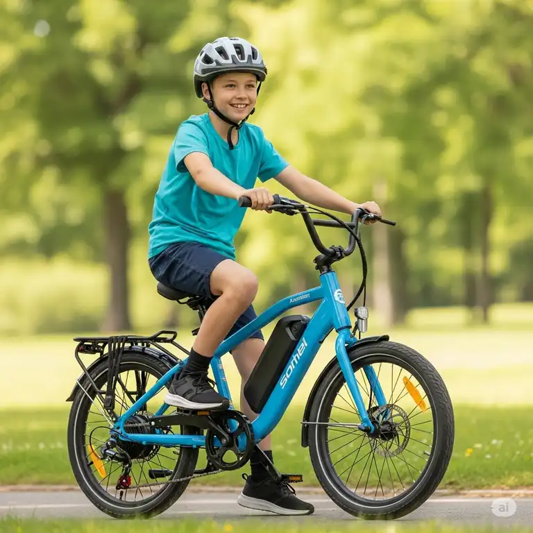Young rider on a sleek blue youth electric bike, helmet on, ready for adventure.