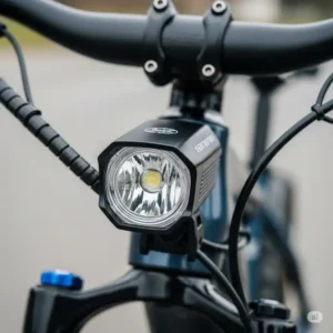"Close-up front view of an ebike headlight securely mounted, highlighting its sleek design and durable casing."