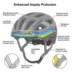 Diagram highlighting key safety features of modern ebike helmets, including MIPS technology and enhanced impact protection.