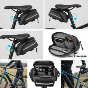 Multiple views of a durable ebike saddle bag, showcasing its compact design and quick-release mounting system.