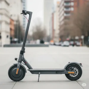 Side view of a compact electric scooter that operates entirely without pedals, highlighting its practical design for short distances.