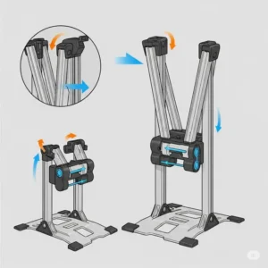 "Illustration of a compact, portable folding ebike stand, ideal for travel and easy storage."
