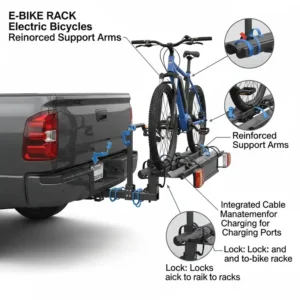 Heavy-duty e bike rack for truck securely mounted on a pickup, ready for transport.