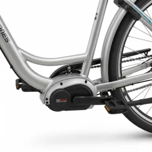 Close-up of a low-step electric bike frame design, showcasing a key feature for seniors seeking easy mounting and dismounting. Ideal for the best electric bike for seniors.