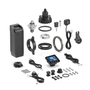 Detailed illustration displaying all essential components of a mid-drive ebike conversion kit, including the motor, battery pack, display, and sensors, laid out for easy assembly.