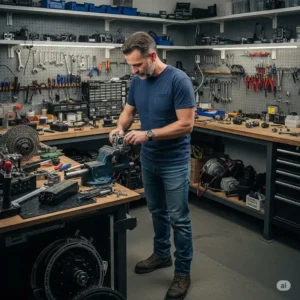 Mike Moser ebikes in his workshop, surrounded by ebike components and tools.