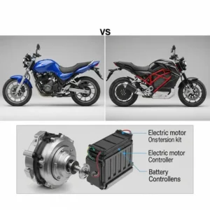 Side-by-side comparison illustrating a standard gasoline motorcycle next to its electric counterpart after an electric motorcycle conversion kit installation.