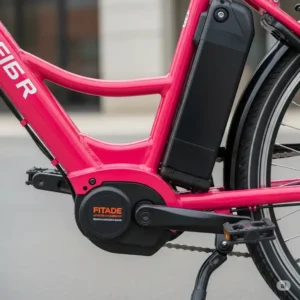 Close-up of the efficient motor and long-lasting battery on a pink electric bike, highlighting its powerful performance.