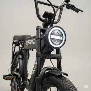 Front view of the Super73-ZX, highlighting its robust frame and signature headlight.
