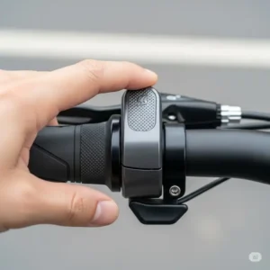Close-up illustration of a thumb throttle on an electric bike handlebar, showing easy control.