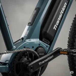 lose-up view of the integrated motor and battery system on a Transition eBike, highlighting its sleek design and advanced electric components.