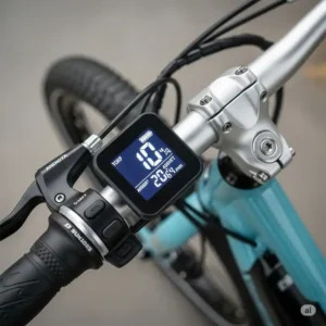 Close-up of a youth electric bike's digital display and ergonomic handlebars.