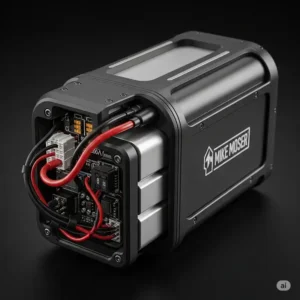 A close-up of a custom ebike battery by Mike Moser ebikes, with visible wiring and a sleek casing.