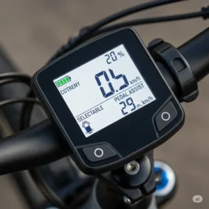 Clear view of an electric bike's user-friendly display panel, indicating battery life, speed, and pedal assist levels, important for seniors to monitor their ride. Essential for understanding the best electric bike for seniors.