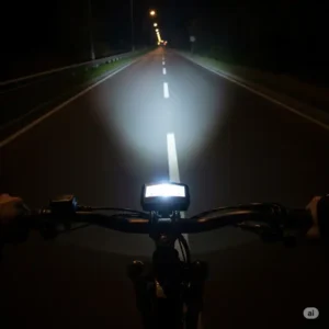 Rider's perspective of an e-bike with a strong front light cutting through the darkness, ensuring clear path ahead.