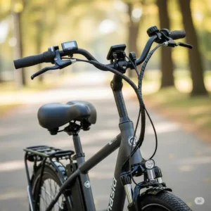 Ergonomic saddle and adjustable handlebars on an electric bike, emphasizing comfort for seniors looking for the **best e bike for over 70s under $1000**.