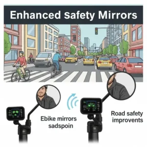Graphic illustrating the safety advantages of using ebike mirrors, showing a rider easily checking blind spots and approaching traffic, enhancing overall road safety.