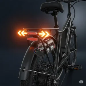 Illustration of the rear of an ebike with the ebike turn signals illuminated, providing clear indication to following traffic.