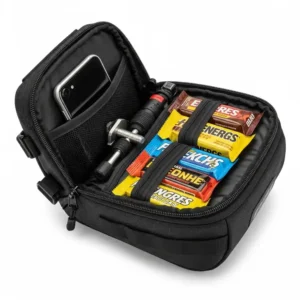 An open ebike saddle bag revealing ample storage space for essential items like a smartphone, repair kit, and energy bars.