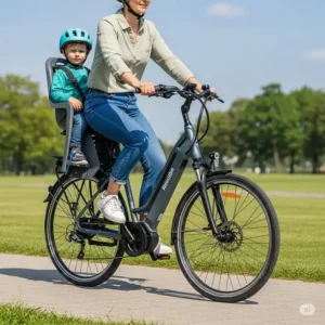 An electric bike with seat equipped with a secure child seat, demonstrating its versatility for family outings.