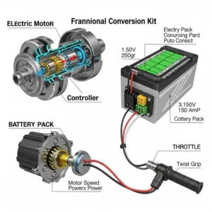 Diagram highlighting the essential components of an electric motorcycle conversion kit: motor, battery pack, controller, and throttle.