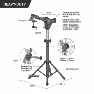 "Diagram showing a heavy-duty ebike repair stand, designed to hold electric bikes securely for maintenance tasks."