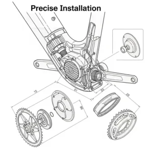 Diagram showing the precise installation of a mid-drive motor onto the bottom bracket area of a bicycle frame, highlighting its central and balanced position for optimal performance.
