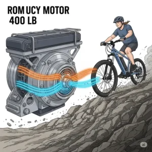 An illustration emphasizing the powerful motor of an electric bike for a 400 lb person, crucial for assisting on various terrains.