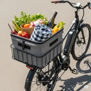 Durable rear ebike basket overflowing with picnic supplies, demonstrating ample cargo space for weekend adventures.