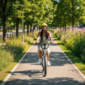 Enjoying a smooth ride on a white electric bike along a picturesque greenway.