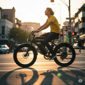 A rider effortlessly cruising through a city street on a Super73-ZX electric bicycle.
