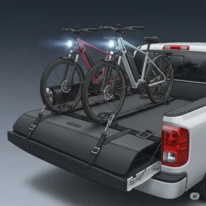 Illustration of a protective tailgate pad for a truck, with multiple e bikes safely secured over the tailgate.