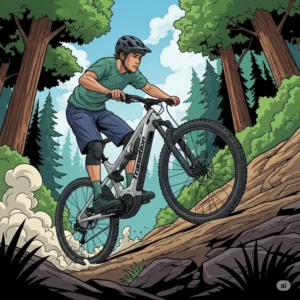 An illustration of a rider effortlessly ascending a steep uphill section, demonstrating the powerful pedal assist capabilities of a Transition eBike.