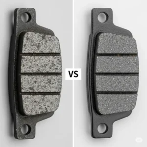 A clear comparison of a worn-out ebike brake pad next to a new one, visually demonstrating the importance of regular replacement for optimal braking performance.