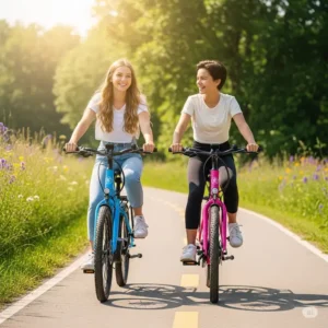 Two friends smiling and riding their youth electric bikes on a paved trail.